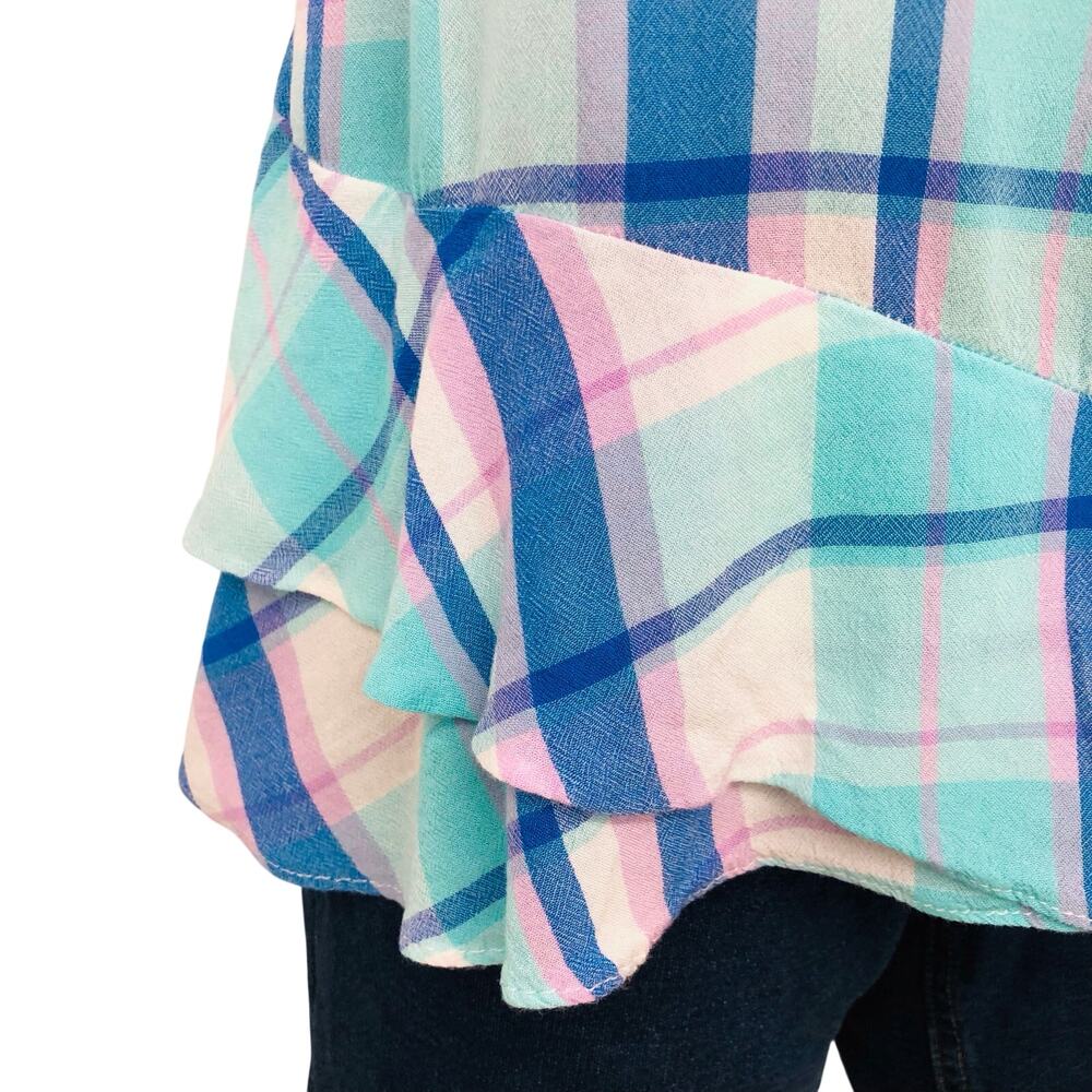 a.n.a. Blue White Pink Plaid Sleeveless Top Ruffled Trim Hem - Picture 4 of 16